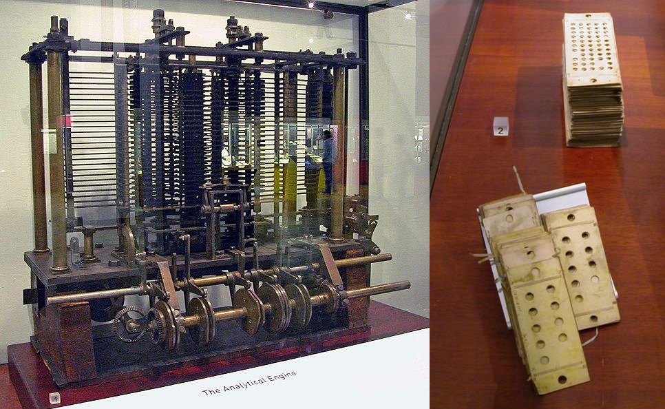Left: a model of part of the analytical engine (© Bruno Barral, Wikimedia Commons, CC BY-SA 2.5). Right: punched cards for use with the machine (© Karoly Lorentey, Wikimedia Commons, CC BY 2.0)